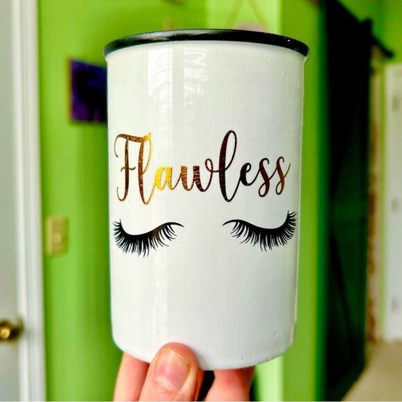 Eyelashes Beauty Make Up Brush Holder "Flawless" Ceramic Storage Jar Art - Picture 1 of 9